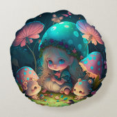 Coussins Ronds De mignons petits lutins jouent sous des champigno (Dos)