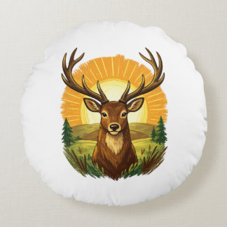 Coussins Ronds Deer with Antlers Sunset Forest Hunter Gift