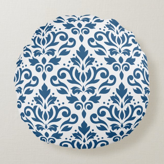 Coussins Ronds Défiler Damask 2Way Lg Ptn Dk Blue en blanc (Devant)