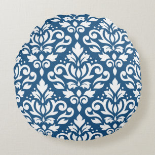 Coussins Ronds Défiler Damask Lg Ptn Blanc sur Dk Blue