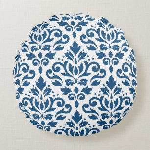 Coussins Ronds Défiler Damask Lg Ptn Dk Blue sur blanc