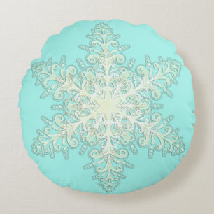 Coussins Ronds Dentelle glacée Snowflake hiver blanc et turquoise