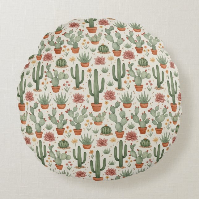 Coussins Ronds Desert Cacti Succulent Seamless Pattern (Devant)
