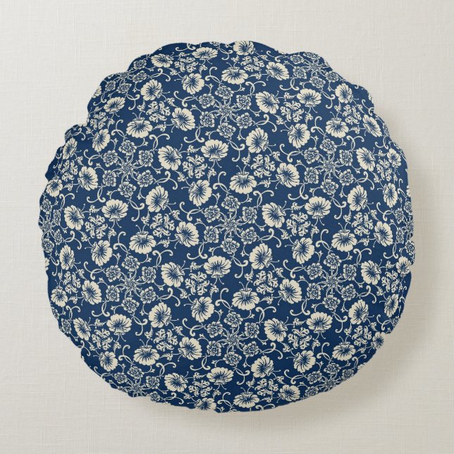Coussins Ronds Design floral bleu médiéval (Devant)