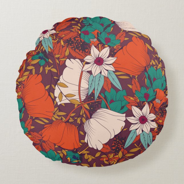 Coussins Ronds Design motif sans couture avec fleurs dessinées à  (Devant)