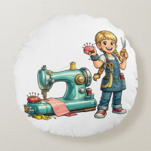 Coussins Ronds Dessin animé de fille cousant mignonne avec machin
