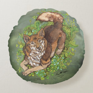 Coussins Ronds Dessin de Chien et de Feuillage Jaune Husky