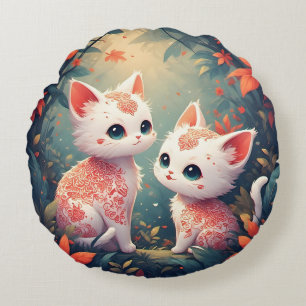 Coussins Ronds Deux chatons blancs dans une forêt magique