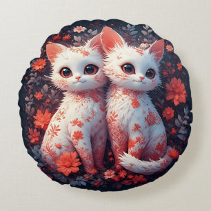 Coussins Ronds Deux chatons blancs et fleurs