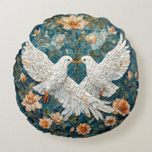 Coussins Ronds Deux colombes blanches dans un motif floral