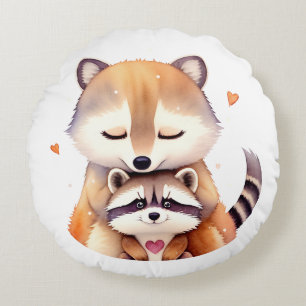 Coussins Ronds Deux mignons ratons laveurs au coeur. Amour