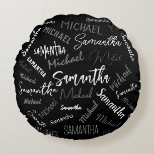 Coussins Ronds Deux noms couple motif monogramme noir gris blanc