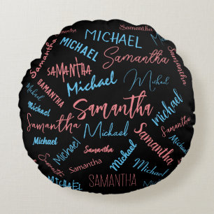 Coussins Ronds Deux noms couples motif monogramme bleu rose clair