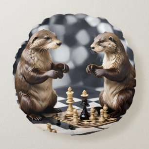 Coussins Ronds Deux Otters Jouant Aux Échecs,