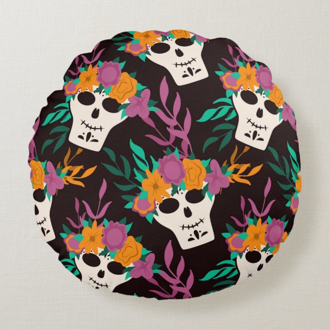 Coussins Ronds Dia de Los Muertos, traditionnelle Halloween mexic (Devant)