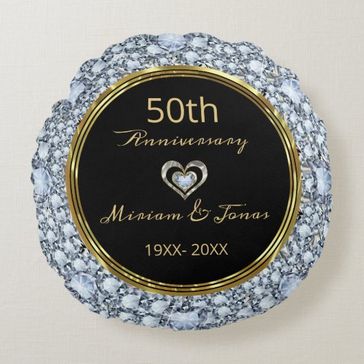 Coussins Ronds Diamants, Black & Gold 50e anniversaire de Mariage (Devant)