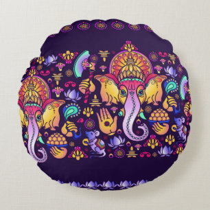 Coussins Ronds Dieu hindou Ganesha et symboles indiens en bande