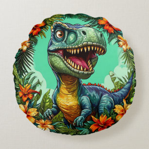 Coussins Ronds Dinosaur cartoon et fleurs tropicales vibrantes
