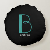 Coussins Ronds DIY Grand Monogramme & Nom, Texte Bleu sarcelle/Bl (Dos)