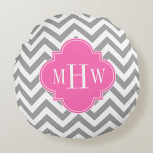 Coussins Ronds Dk Gray Lg Chevron Hot Pink Quatrefoil 3 monogram