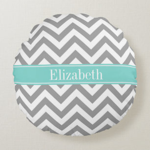 Coussins Ronds Dk Gris Blanc LG Chevron Turquoise Monogramme Nom
