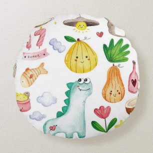 Coussins Ronds Doodle aquarelle kawaii, prêt pour autocollant.