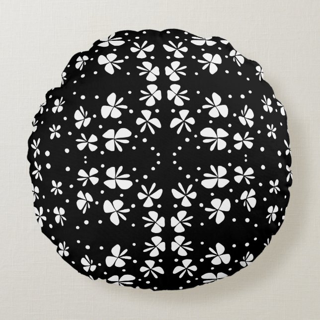 Coussins Ronds Doodle de fleurs noir et blanc (Devant)