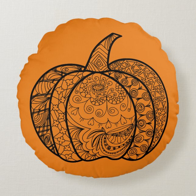 Coussins Ronds Doodles d'Halloween boho mandala citrouilles Autom (Devant)