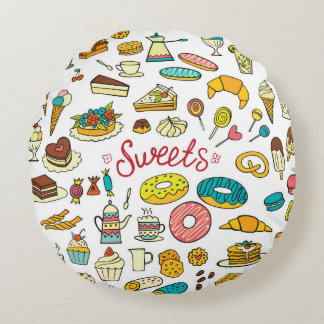 Coussins Ronds Douceurs colorées à doodle : dessert design