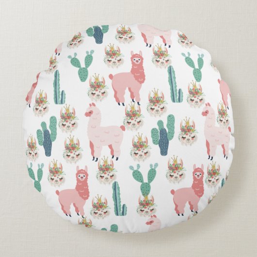 Coussins Ronds Doux Llamas Roses et Cactus Vert (Devant)