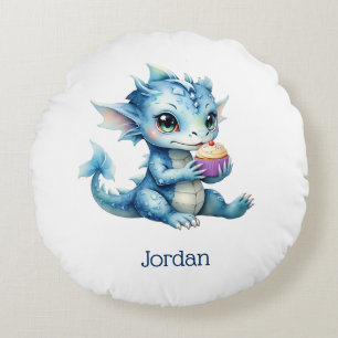 Coussins Ronds Dragon Bébé Bleu Mange un Cupcake