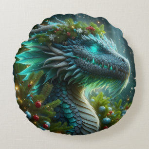 Coussins Ronds Dragon de Noël Turquoise Magique