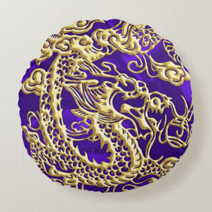 Coussins Ronds Dragon d'or embouti sur papier satin violet