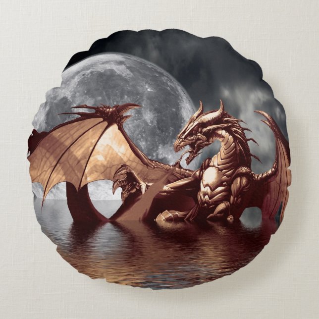 Coussins Ronds Dragon & Lune Imaginaire mythique (Devant)