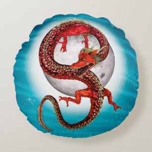 Coussins Ronds Dragon Lune Rouge Fantastique Artistique