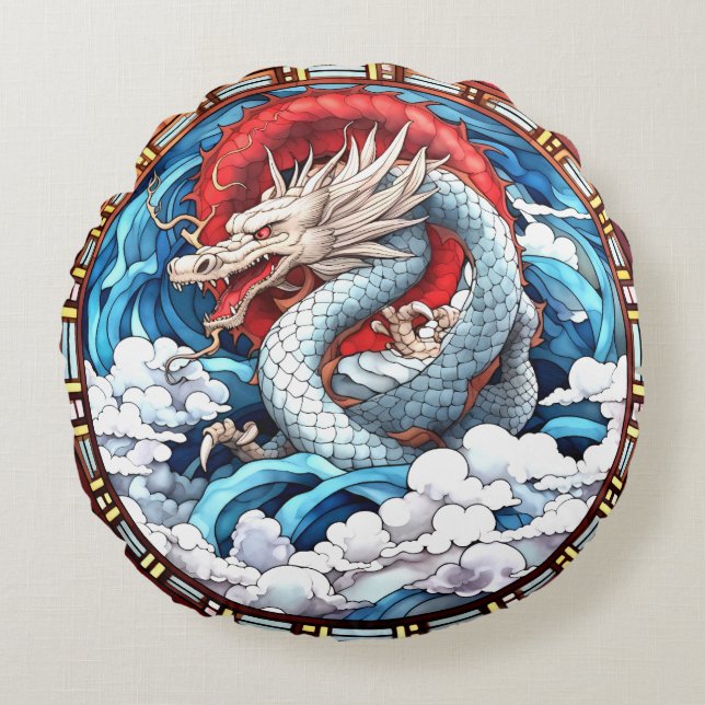 Coussins Ronds Dragon mythique asiatique en rouge et bleu (Devant)