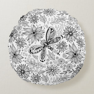 Coussins Ronds Dragonfly et doodle de fleurs