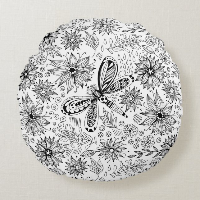 Coussins Ronds Dragonfly et doodle de fleurs (Devant)