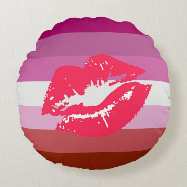 Coussins Ronds Drapeau de fierté lesbienne au rouge à lèvres (Devant)