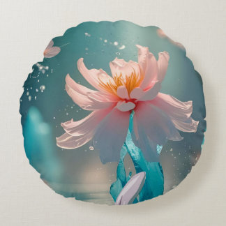 Coussins Ronds Dreamy Pink Lotus and Butterfly in Aqua Water