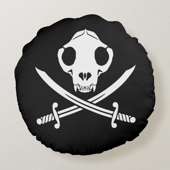 Coussins Ronds Drôle Noir Blanc Jolly Kitty Pirate Os crâne (Dos)
