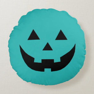 Coussins Ronds Drôle visage citrouille Jack-o'-lantern turquoise