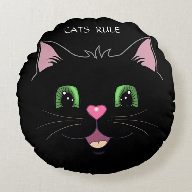 Coussins Ronds Drôle visage de chat mignon sur noir (Devant)