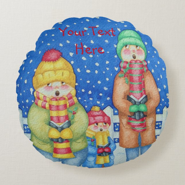 Coussins Ronds drôles chanteurs de carol scène de neige à noël (Devant)