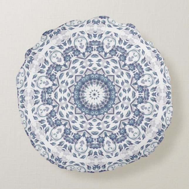 Coussins Ronds Dusty Blue Floral Mandala (Dos)