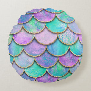 Coussins Ronds Échelles de sirène : motif d'onde aquarelle.