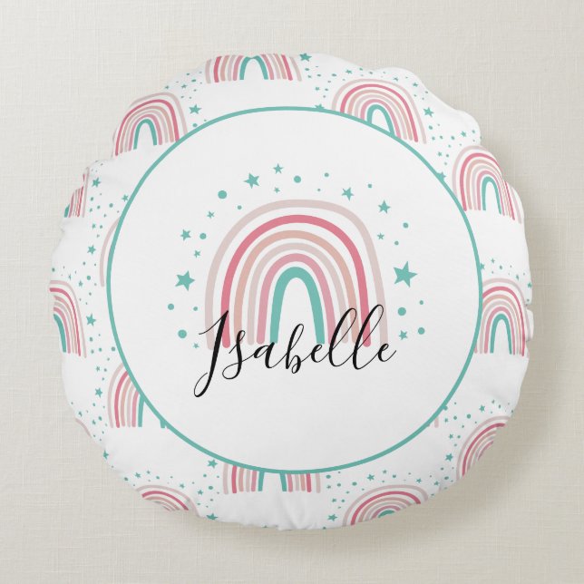 Coussins Ronds Ecriture arc-en-ciel rose fille moderne personnali (Devant)
