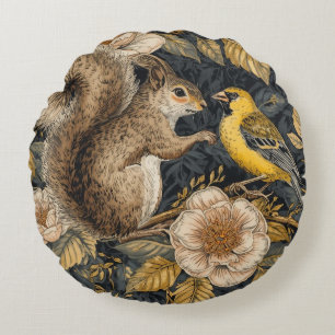 Coussins Ronds Écureuil et serin jaune avec motif de fleurs