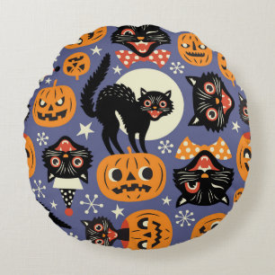Coussins Ronds Éffrayant Chats Citrouilles Violet Motif