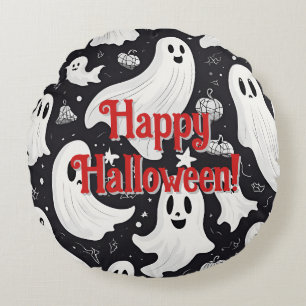 Coussins Ronds Éffrayant Ghost Halloween noir blanc